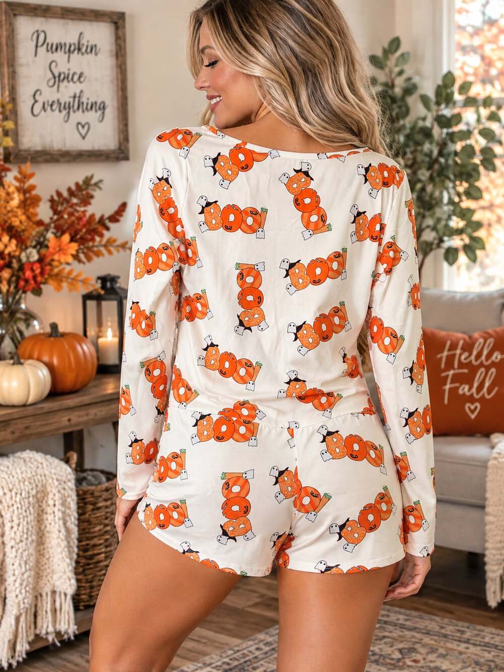 Women's Halloween Boo Pumpkin Print Long Sleeve Romper Large